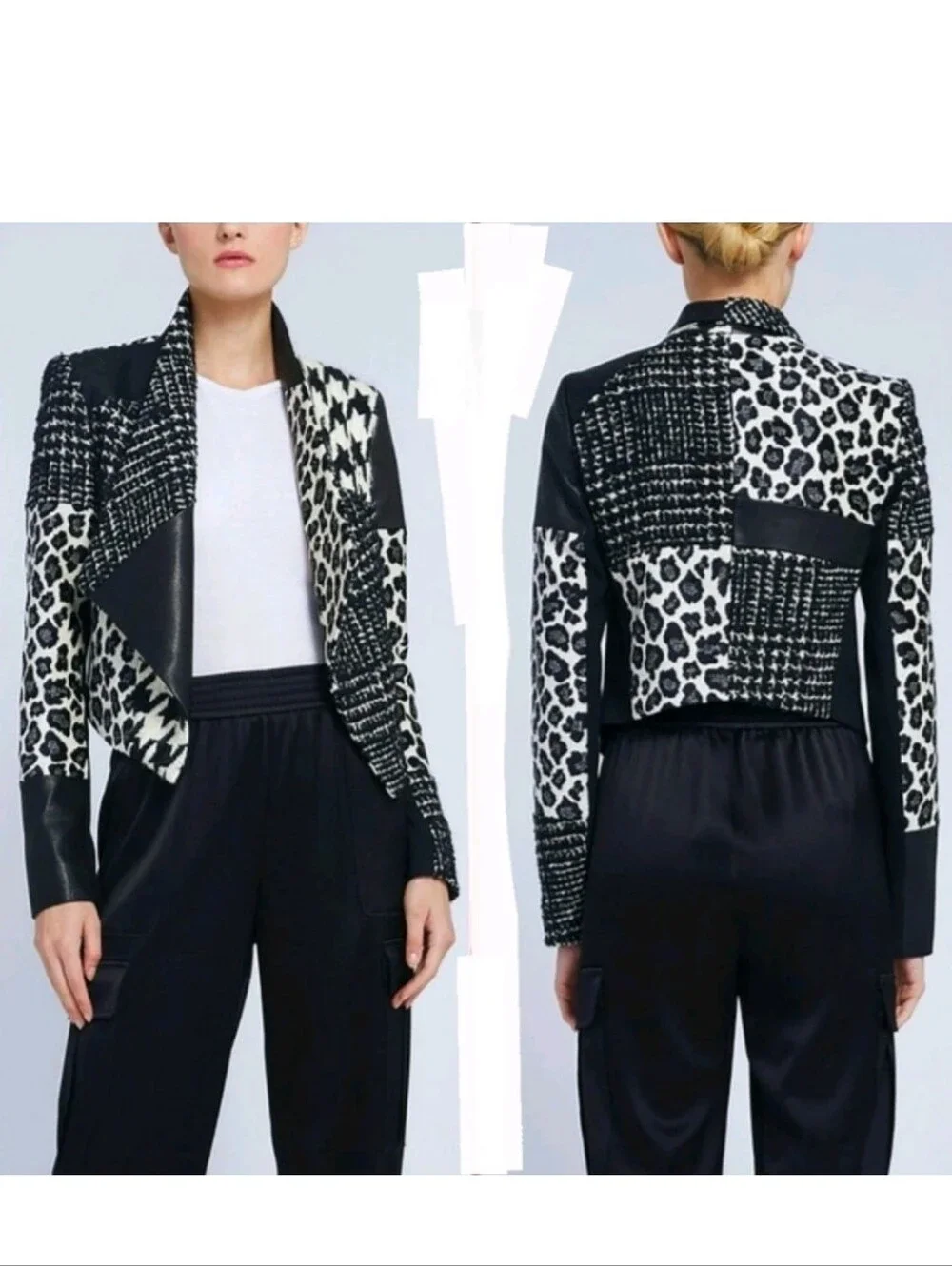 Alice + Olivia Harvey Leather Patchwork Draped Lapel Blazer Size Small $695